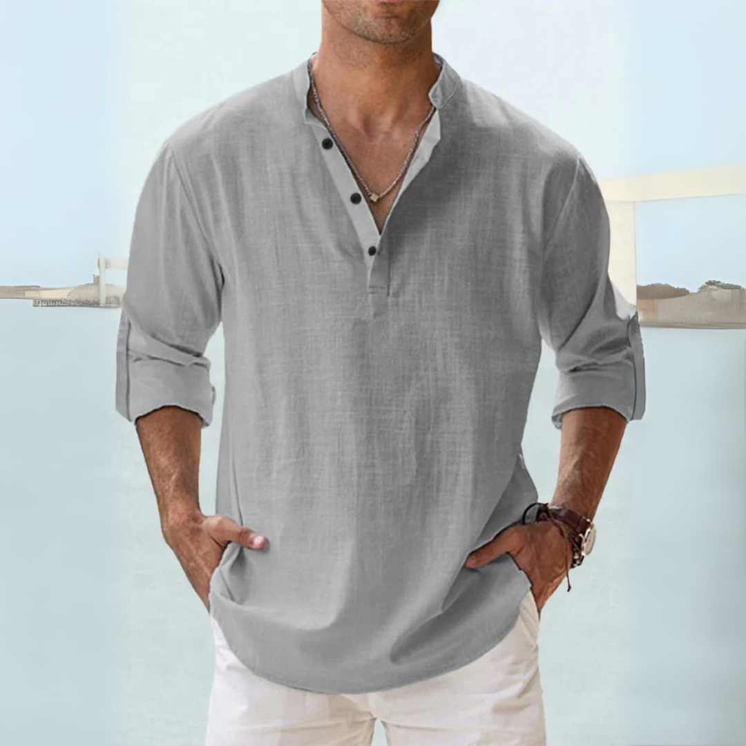 Camicia in lino traspirante con colletto alla coreana con spacco