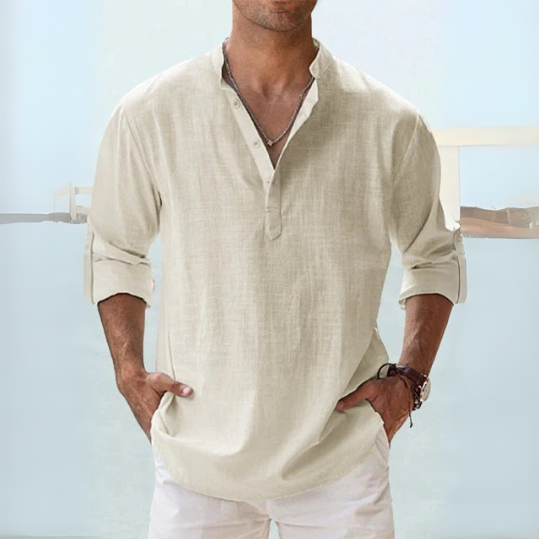 Camicia in lino traspirante con colletto alla coreana con spacco