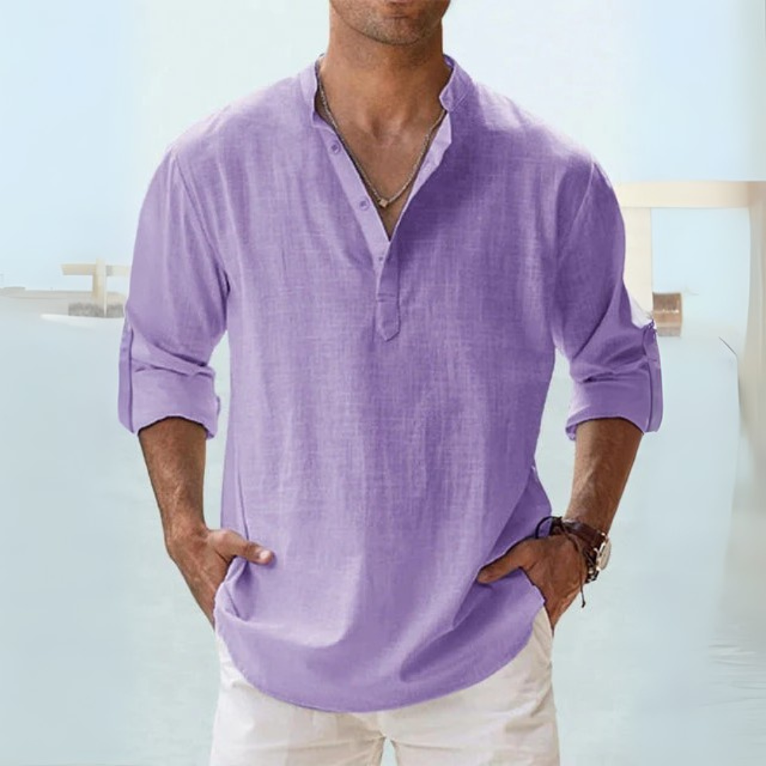 Camicia in lino traspirante con colletto alla coreana con spacco