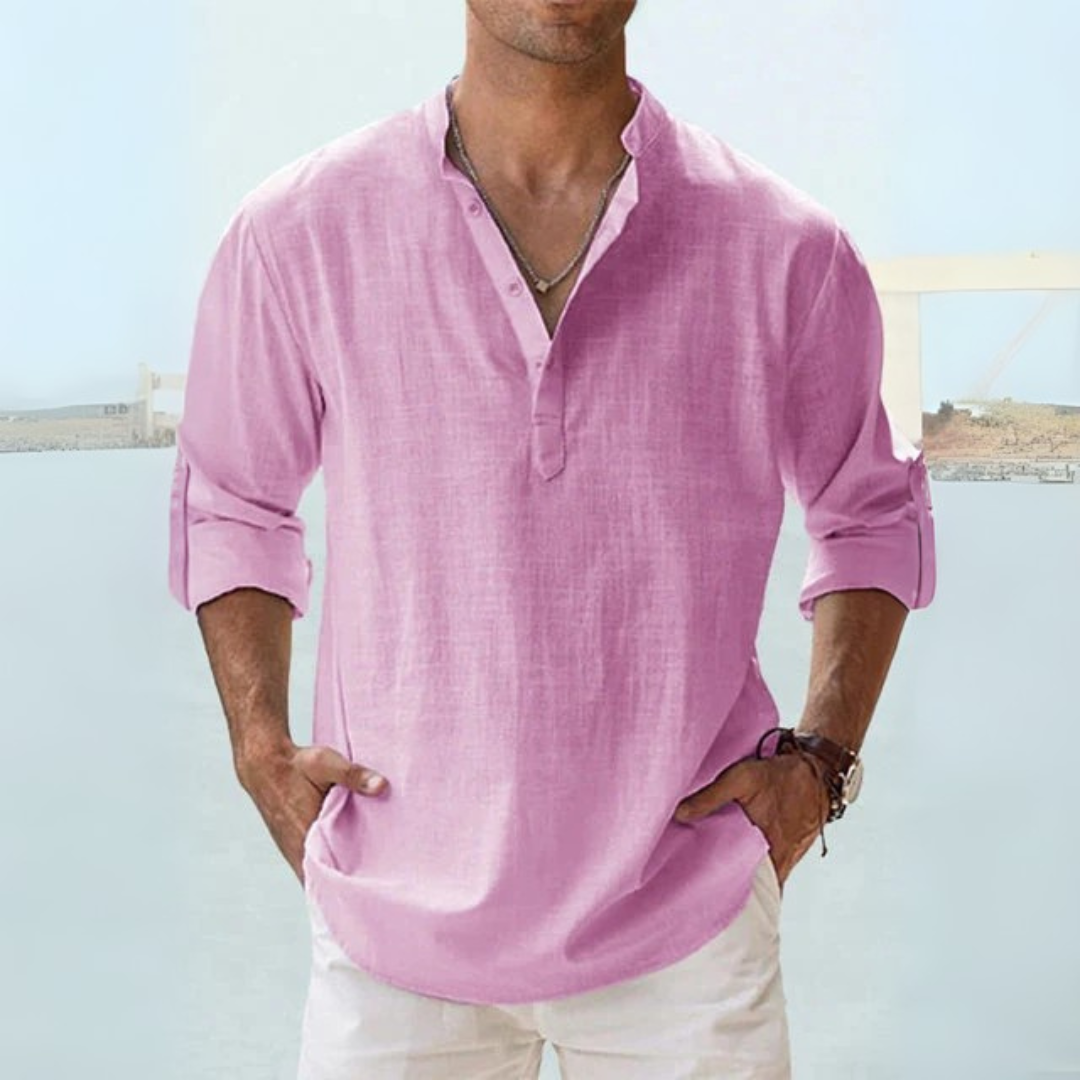 Camicia in lino traspirante con colletto alla coreana con spacco