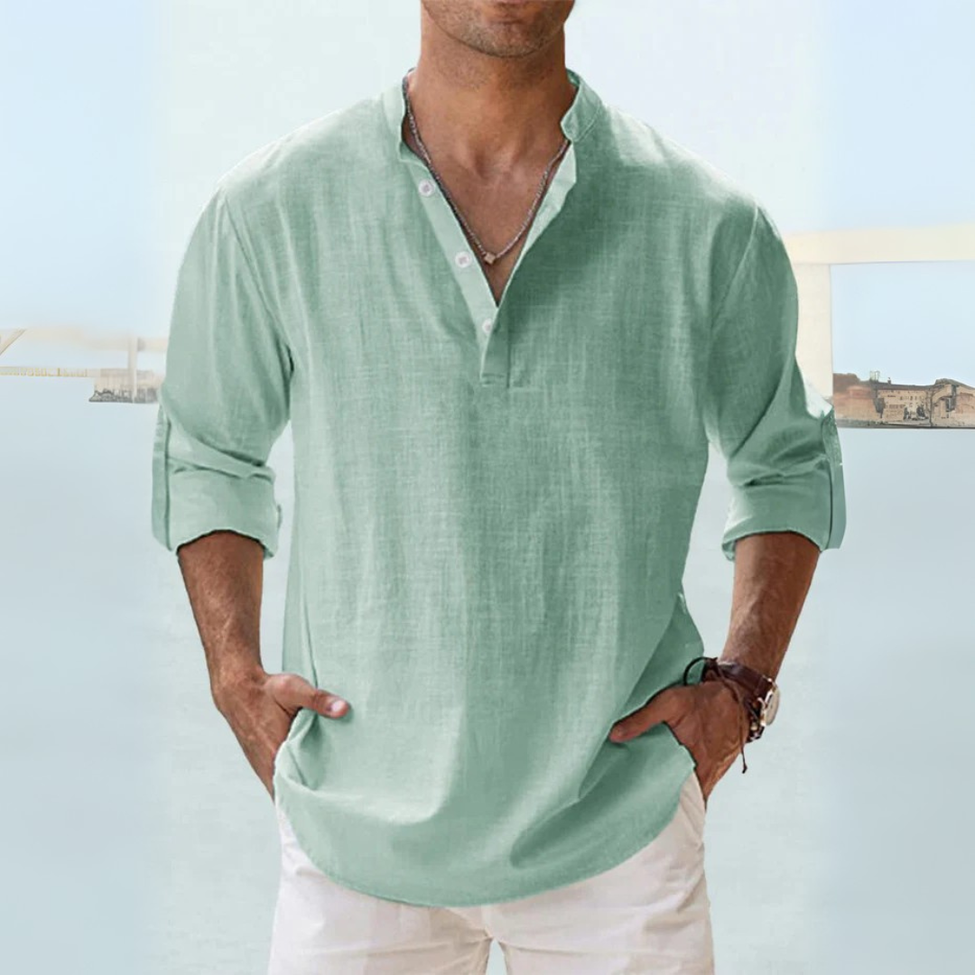 Camicia in lino traspirante con colletto alla coreana con spacco