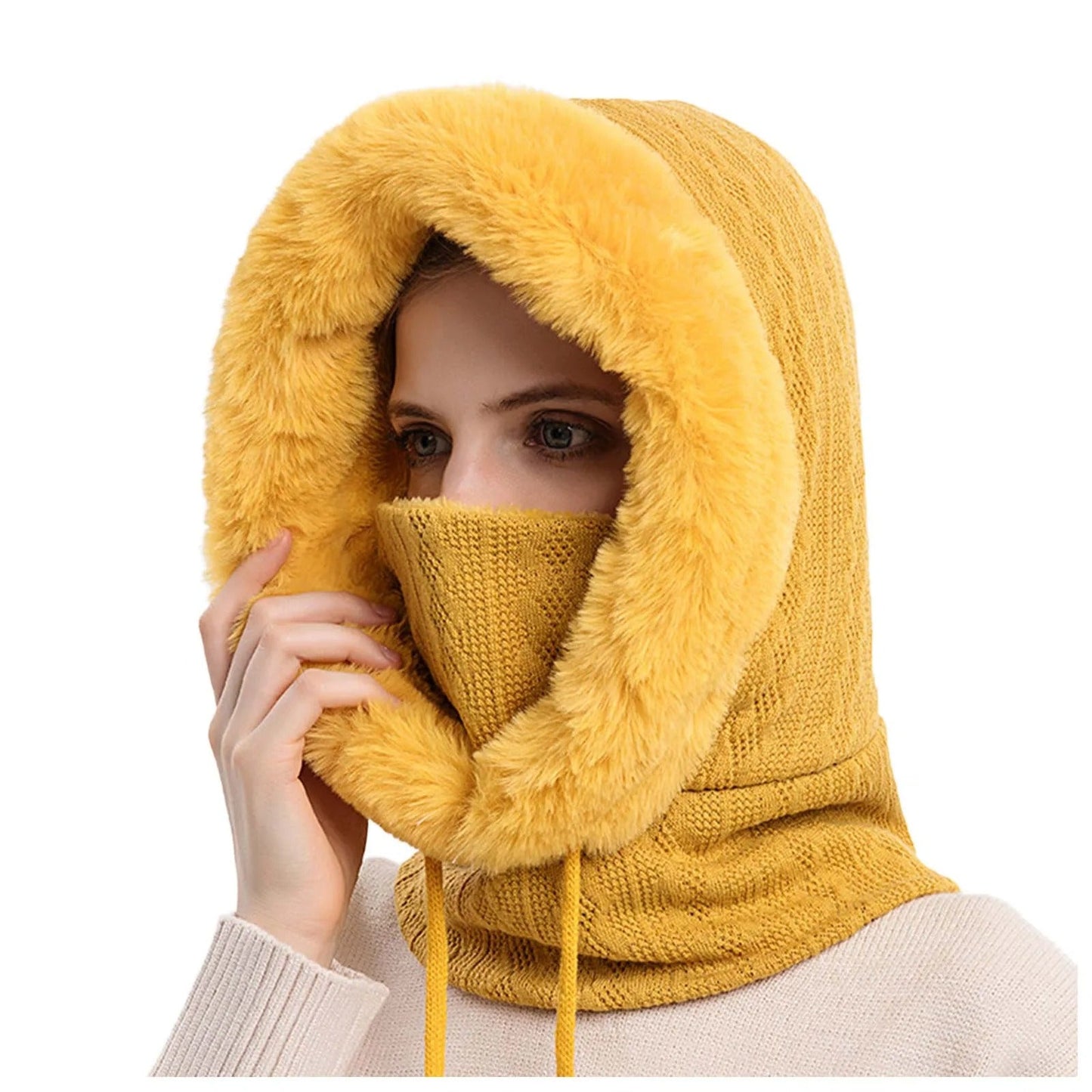 Cappello da donna in maglia con pelliccia e copriviso