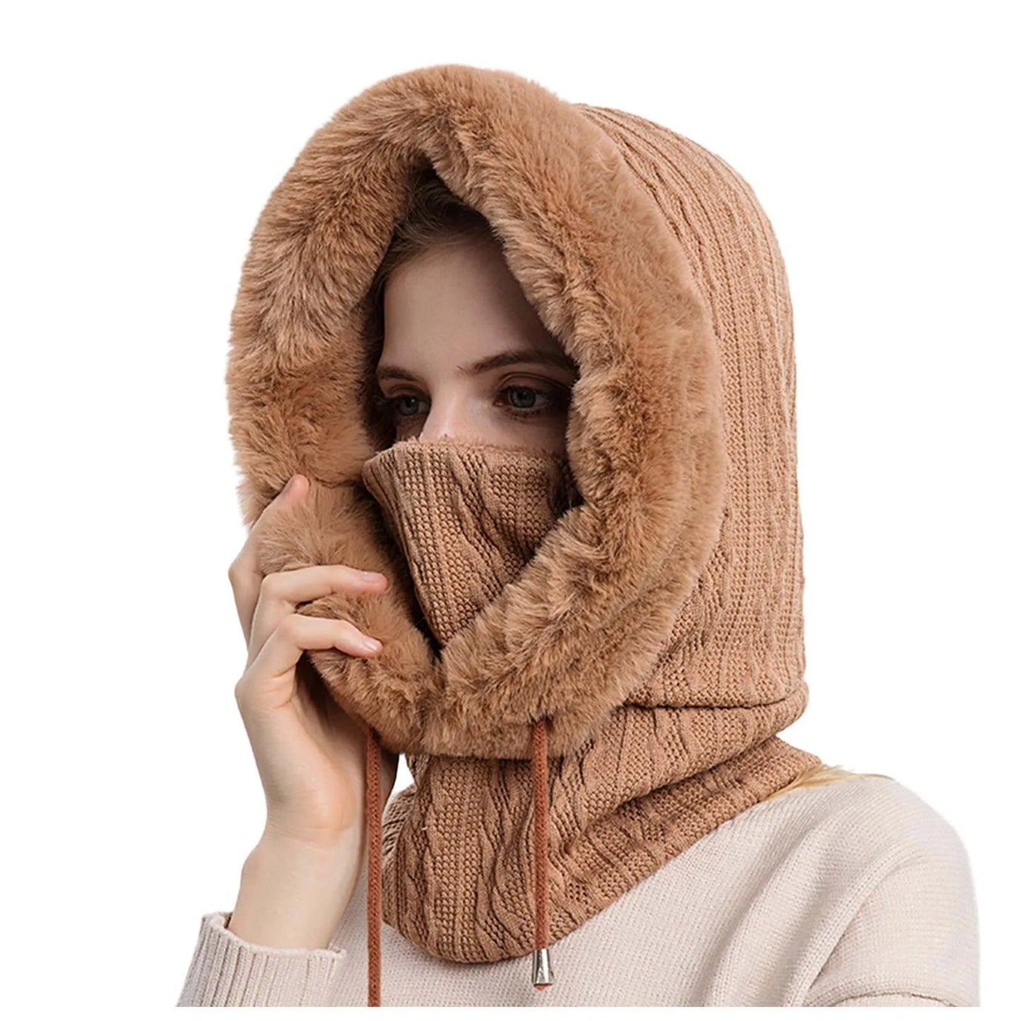 Cappello da donna in maglia con pelliccia e copriviso