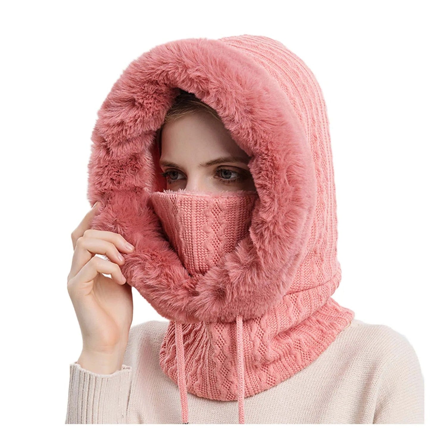 Cappello da donna in maglia con pelliccia e copriviso