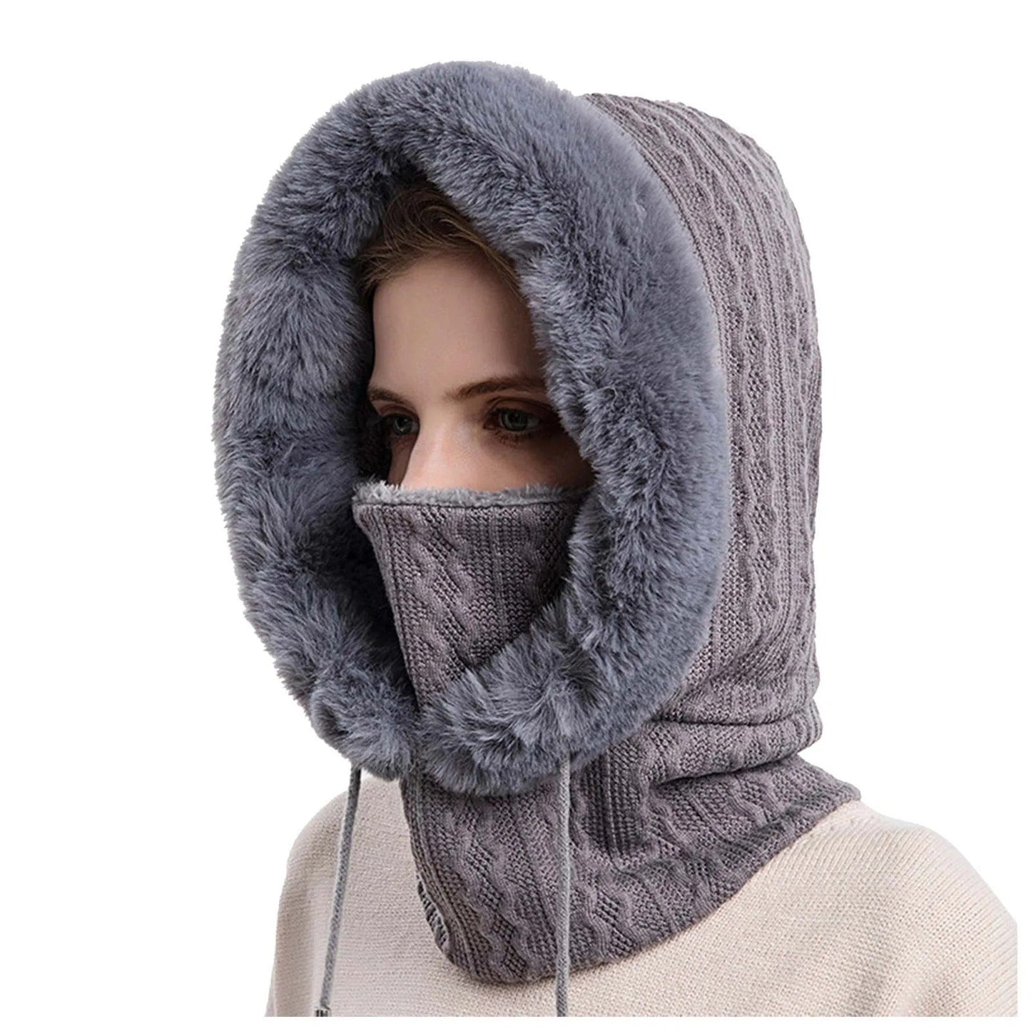 Cappello da donna in maglia con pelliccia e copriviso