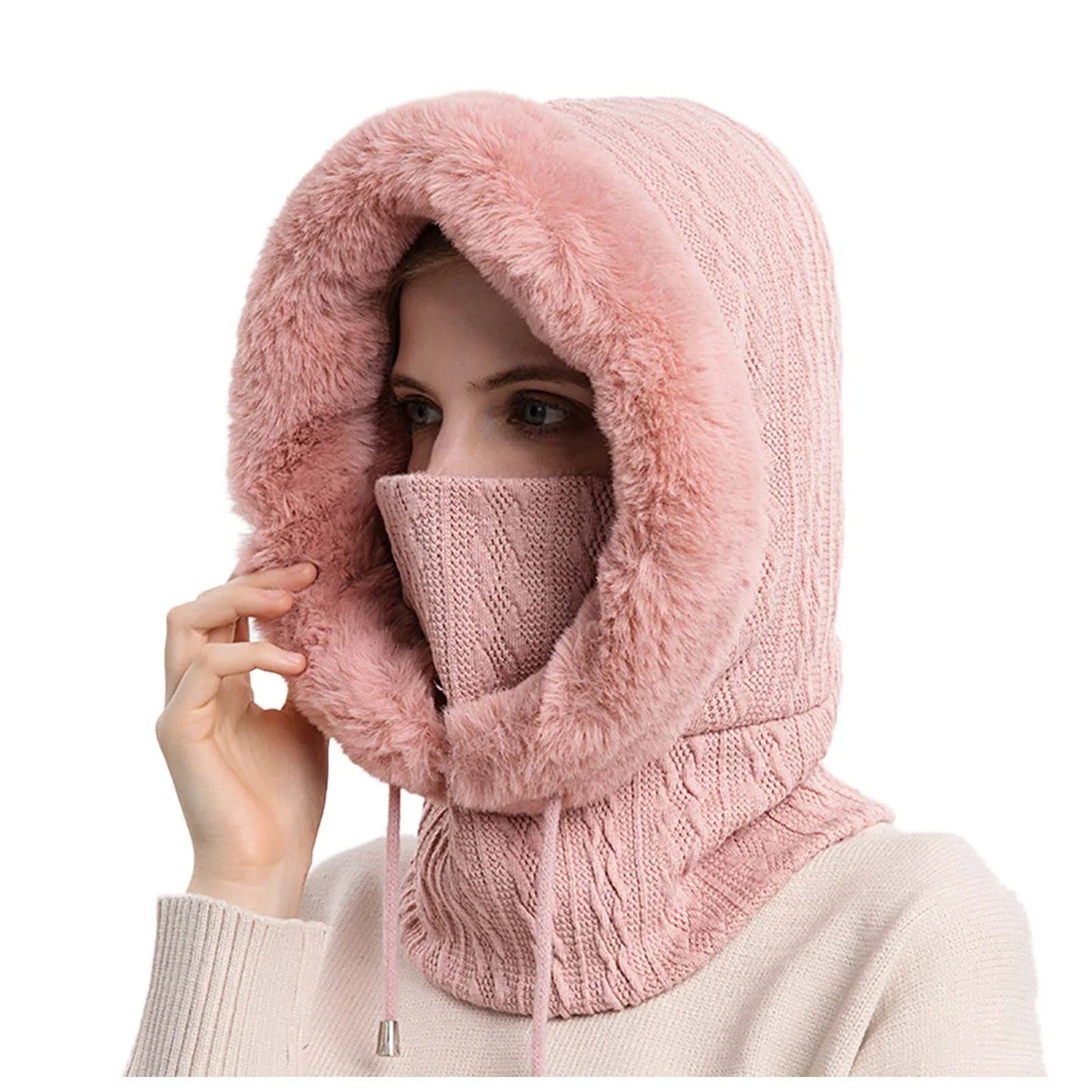 Cappello da donna in maglia con pelliccia e copriviso