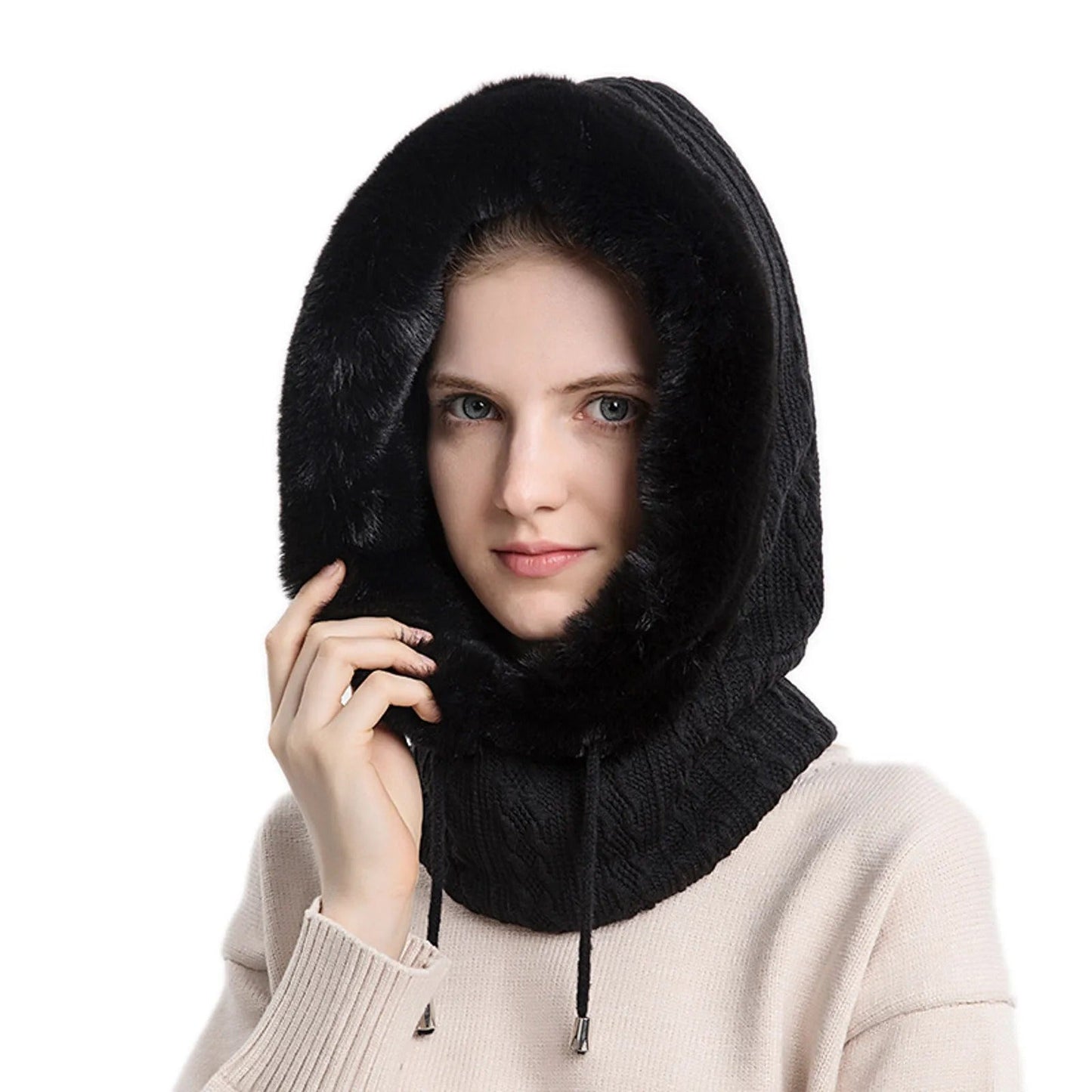 Cappello da donna in maglia con pelliccia e copriviso