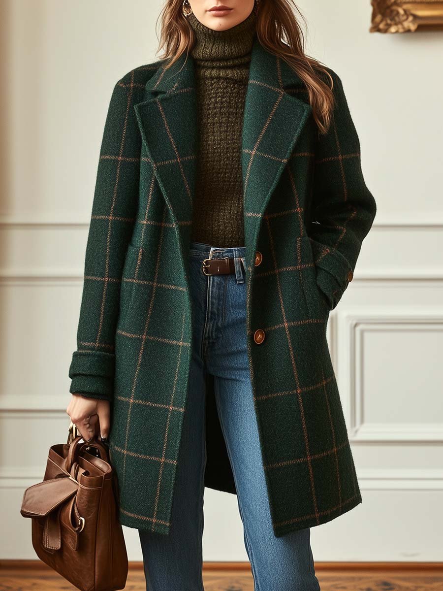 Cappotto invernale da donna di media lunghezza a quadri