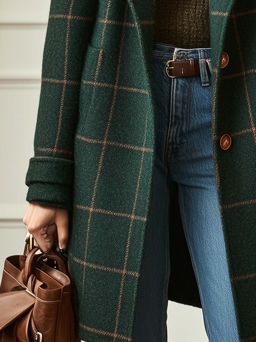 Cappotto invernale da donna di media lunghezza a quadri
