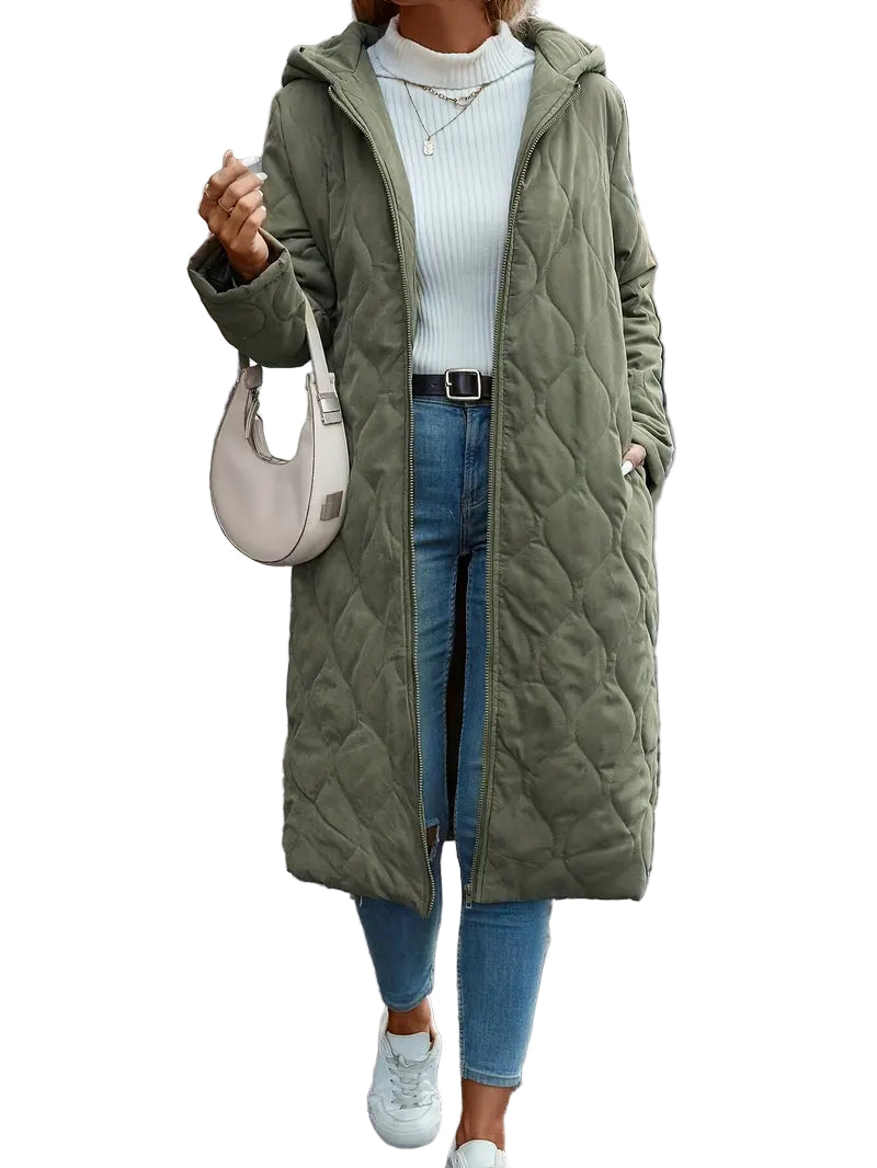Cappotto trapuntato lungo da donna con cappuccio, cerniera e vestibilità morbida