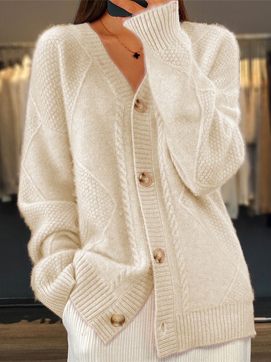 Cardigan da Donna in Maglia con Scollo a V e Lavorazione a Trecce