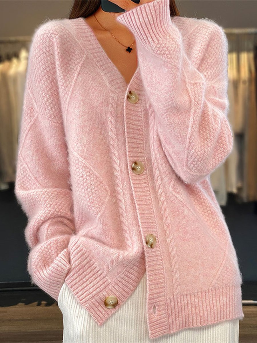 Cardigan da Donna in Maglia con Scollo a V e Lavorazione a Trecce