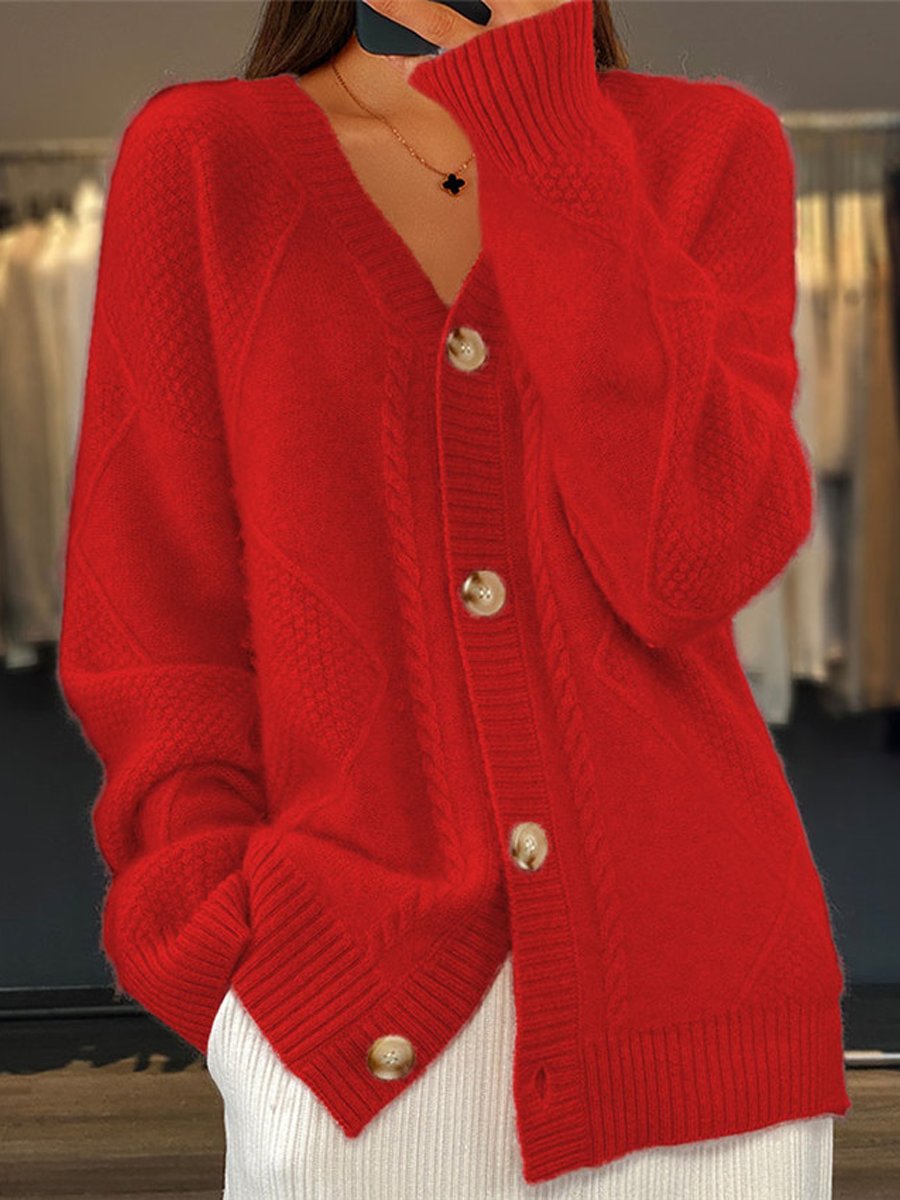 Cardigan da Donna in Maglia con Scollo a V e Lavorazione a Trecce