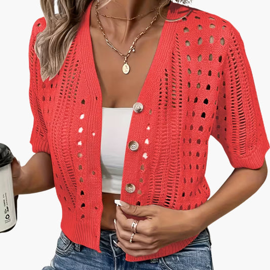 Cardigan da donna lavorato a traforo a maniche corte