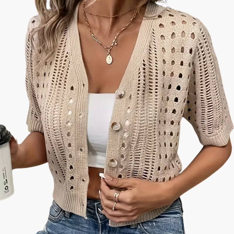 Cardigan da donna lavorato a traforo a maniche corte