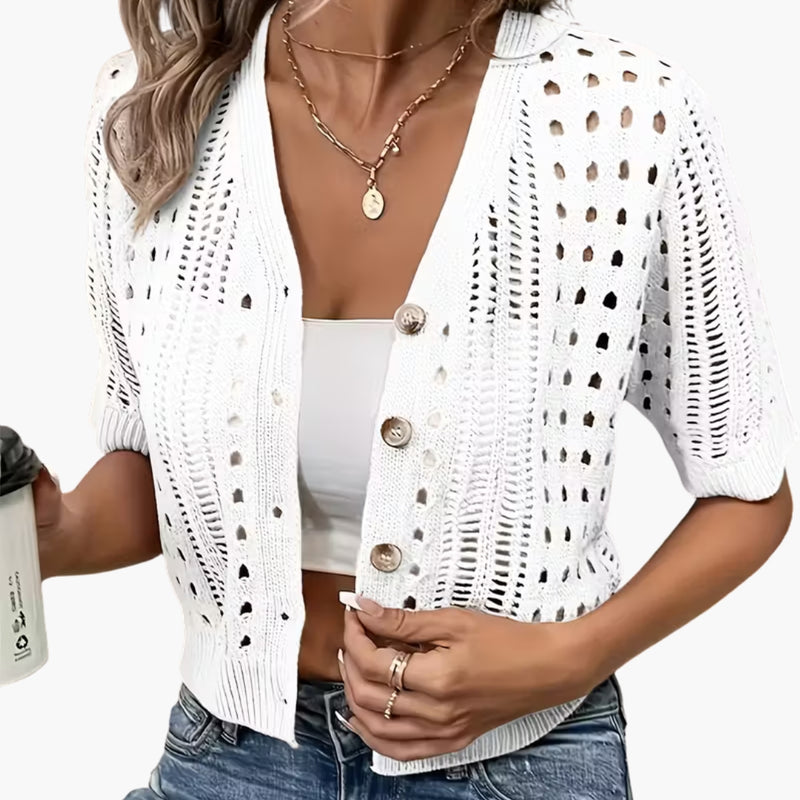 Cardigan da donna lavorato a traforo a maniche corte