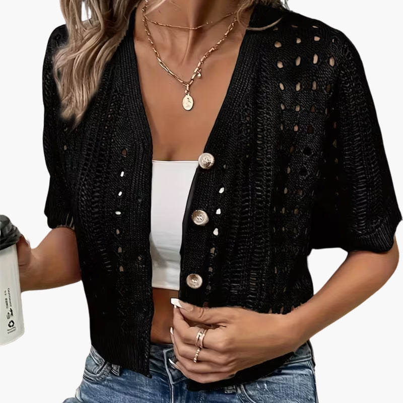 Cardigan da donna lavorato a traforo a maniche corte