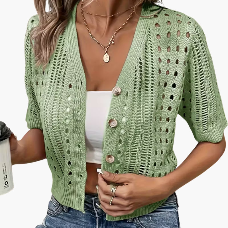 Cardigan da donna lavorato a traforo a maniche corte