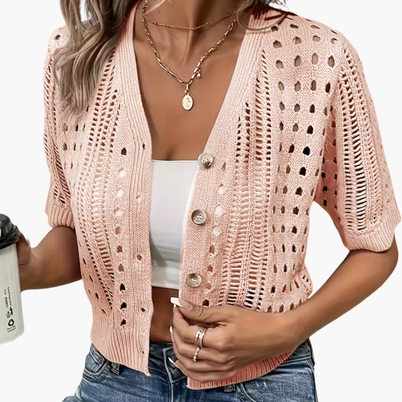 Cardigan da donna lavorato a traforo a maniche corte