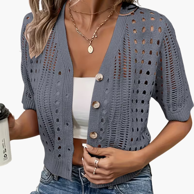 Cardigan da donna lavorato a traforo a maniche corte