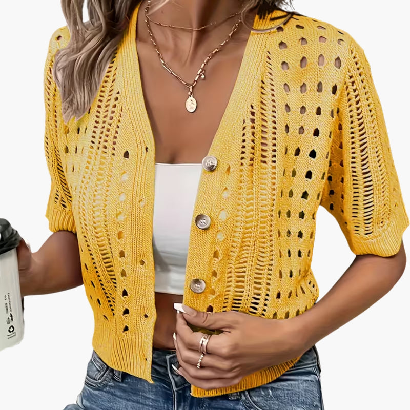 Cardigan da donna lavorato a traforo a maniche corte