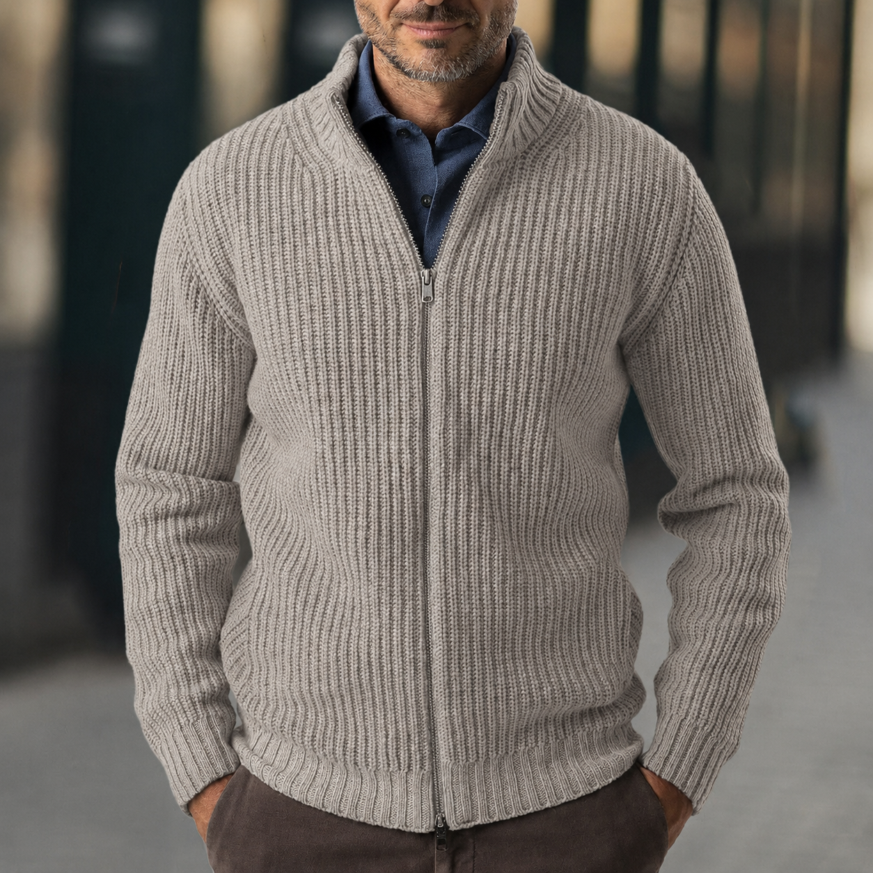 Cardigan da Uomo in Maglia a Coste con Zip