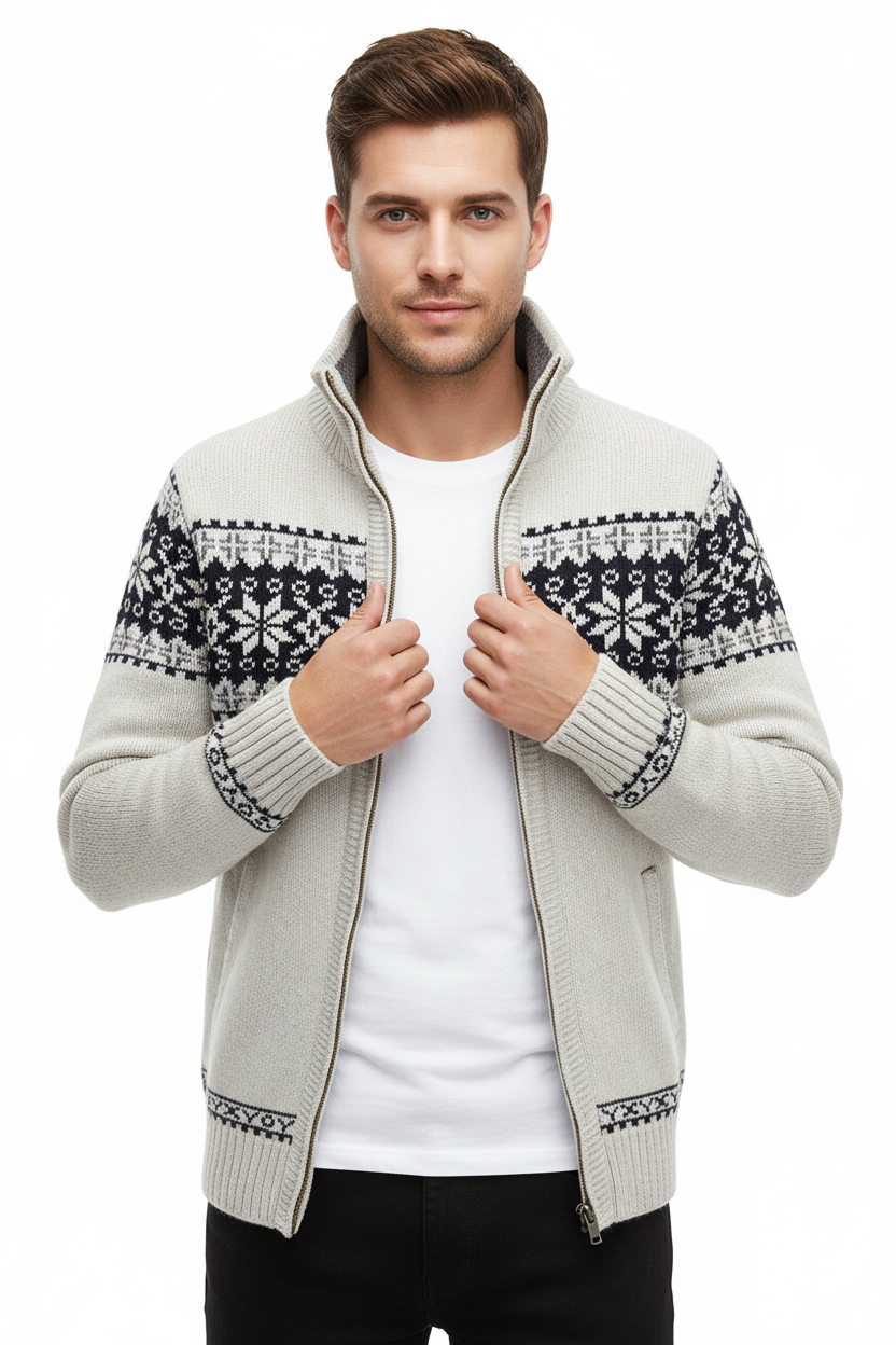 Cardigan in Maglia Norvegese da Uomo con Zip, Collo Alto e Motivo Tradizionale