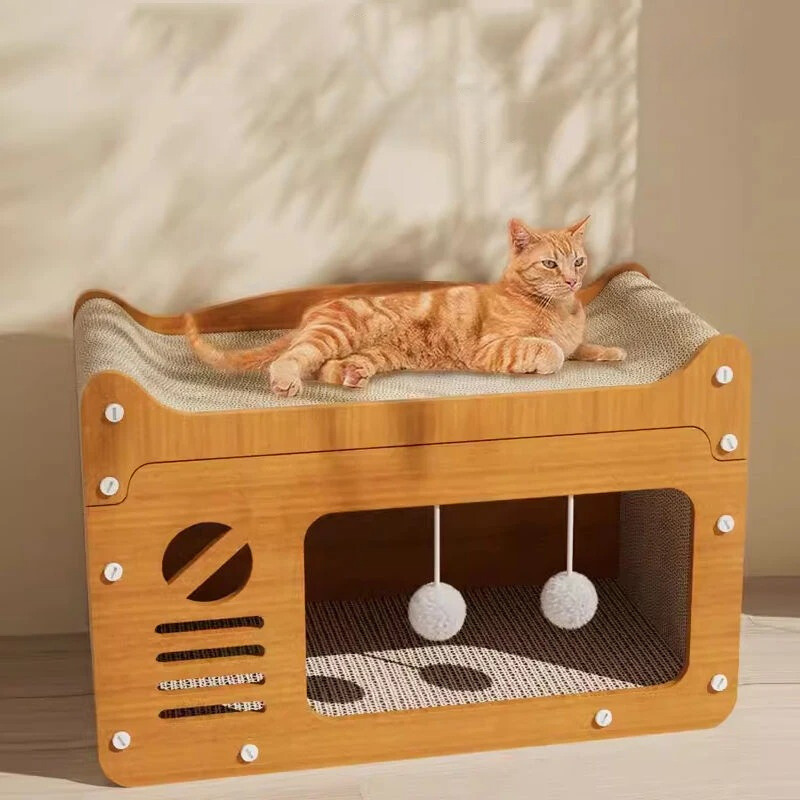 Casetta tiragraffi di lusso a più livelli per gatti con giochi in peluche