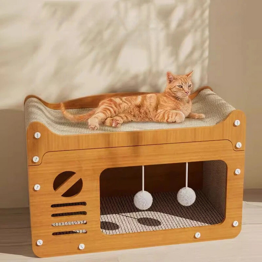 Casetta tiragraffi di lusso a più livelli per gatti con giochi in peluche