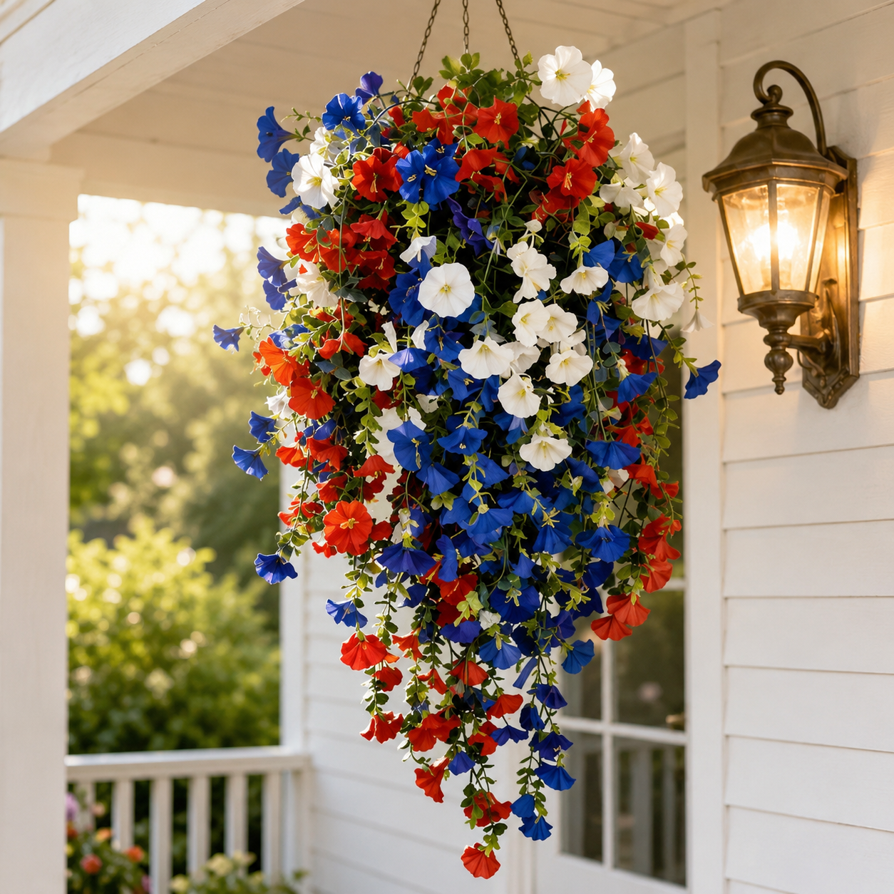 Cesto di Fiori Sospeso Patriottico con Luci LED, Fiori in Seta Rossi, Bianchi e Blu per Decorazione Portico 4 Luglio