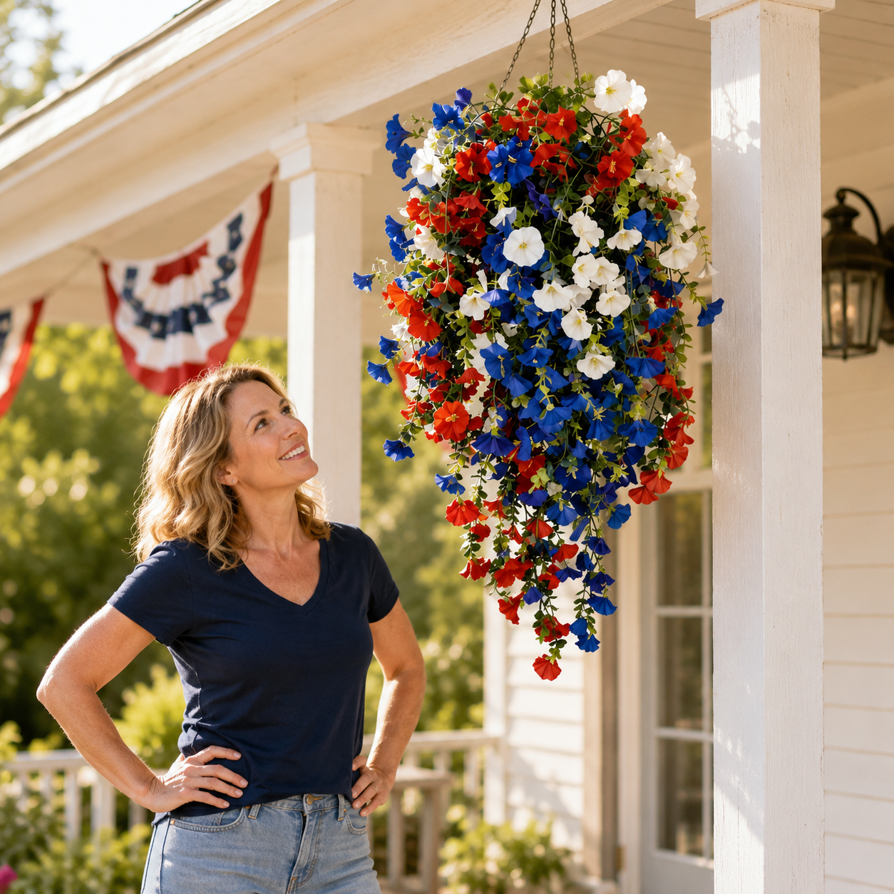 Cesto di Fiori Sospeso Patriottico con Luci LED, Fiori in Seta Rossi, Bianchi e Blu per Decorazione Portico 4 Luglio