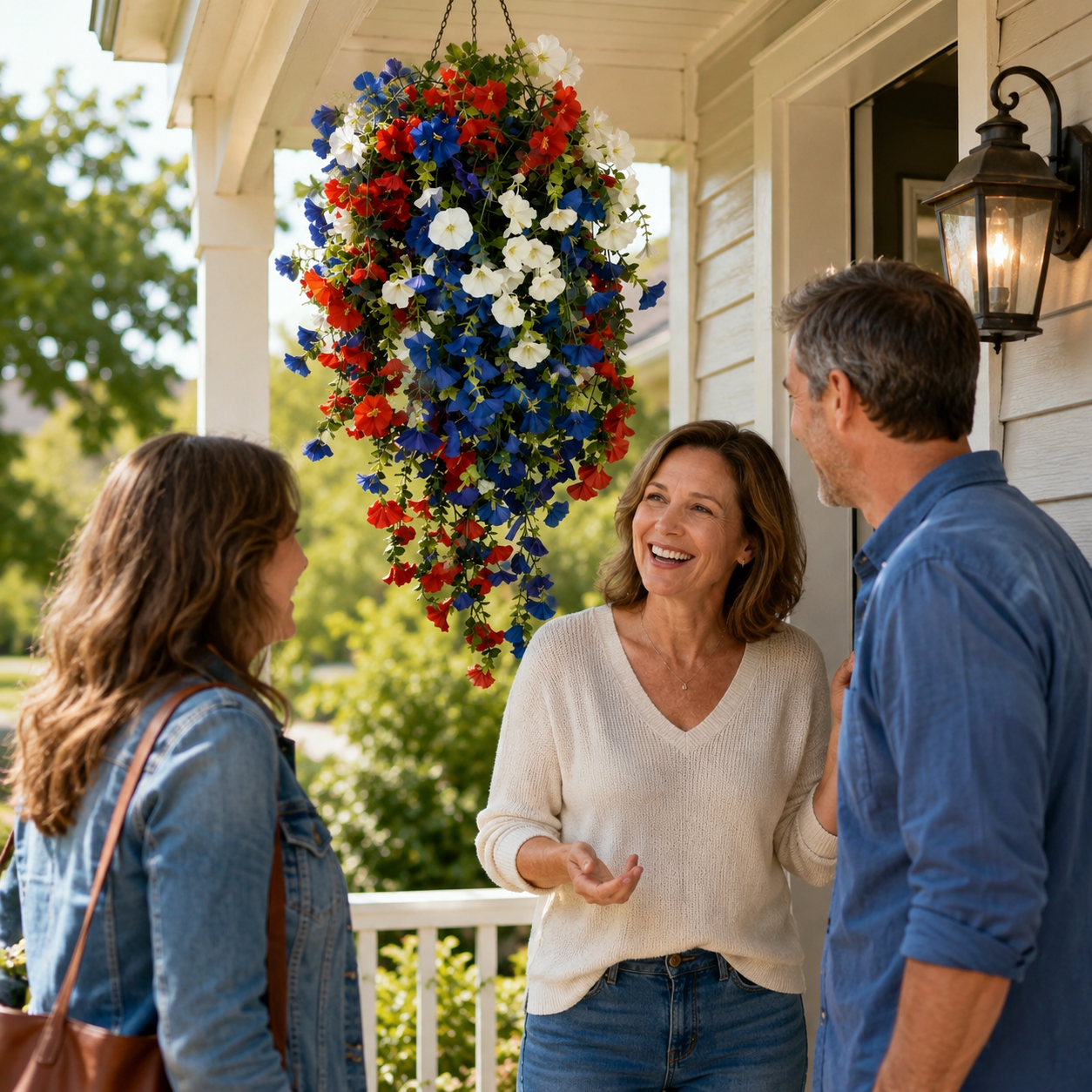 Cesto di Fiori Sospeso Patriottico con Luci LED, Fiori in Seta Rossi, Bianchi e Blu per Decorazione Portico 4 Luglio