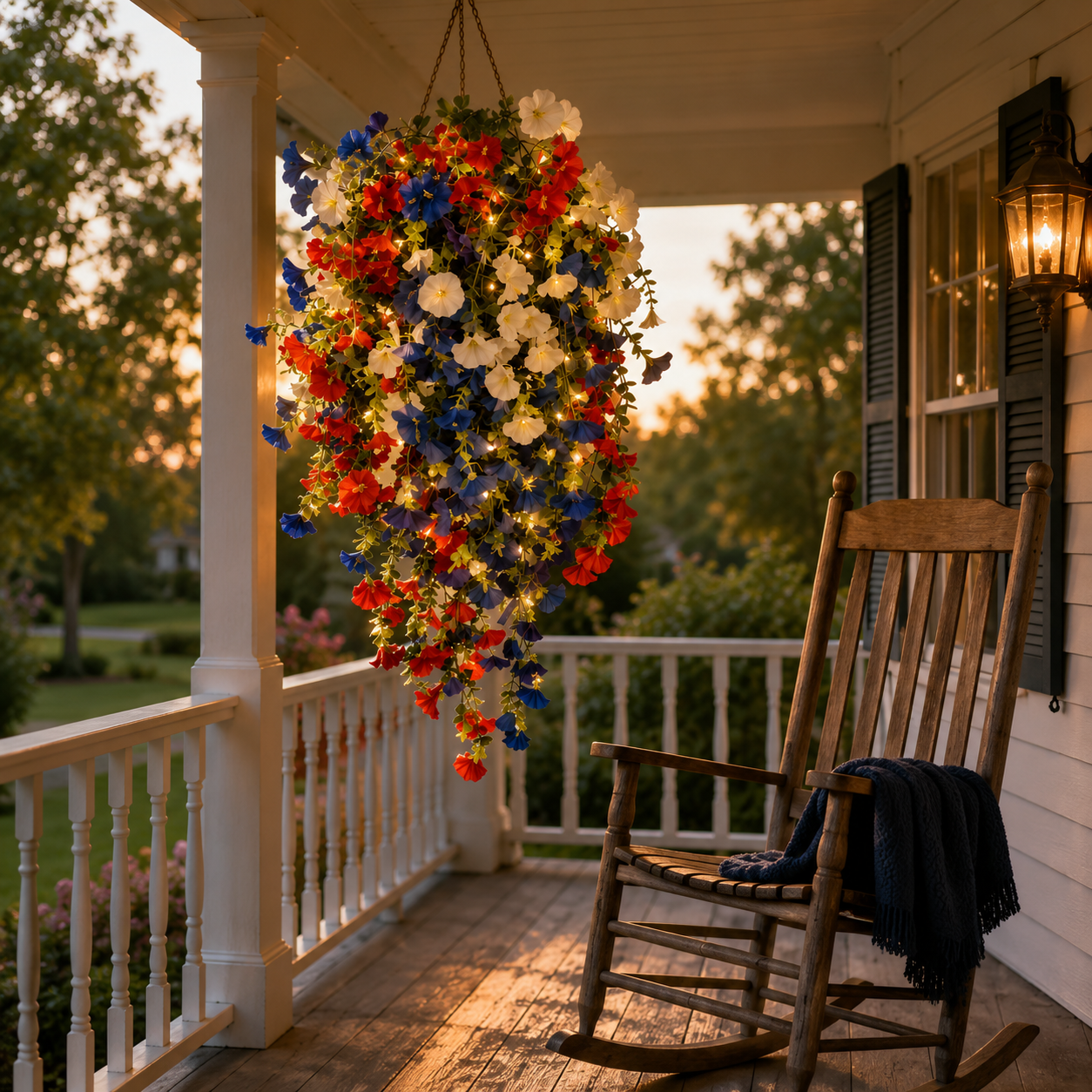 Cesto di Fiori Sospeso Patriottico con Luci LED, Fiori in Seta Rossi, Bianchi e Blu per Decorazione Portico 4 Luglio