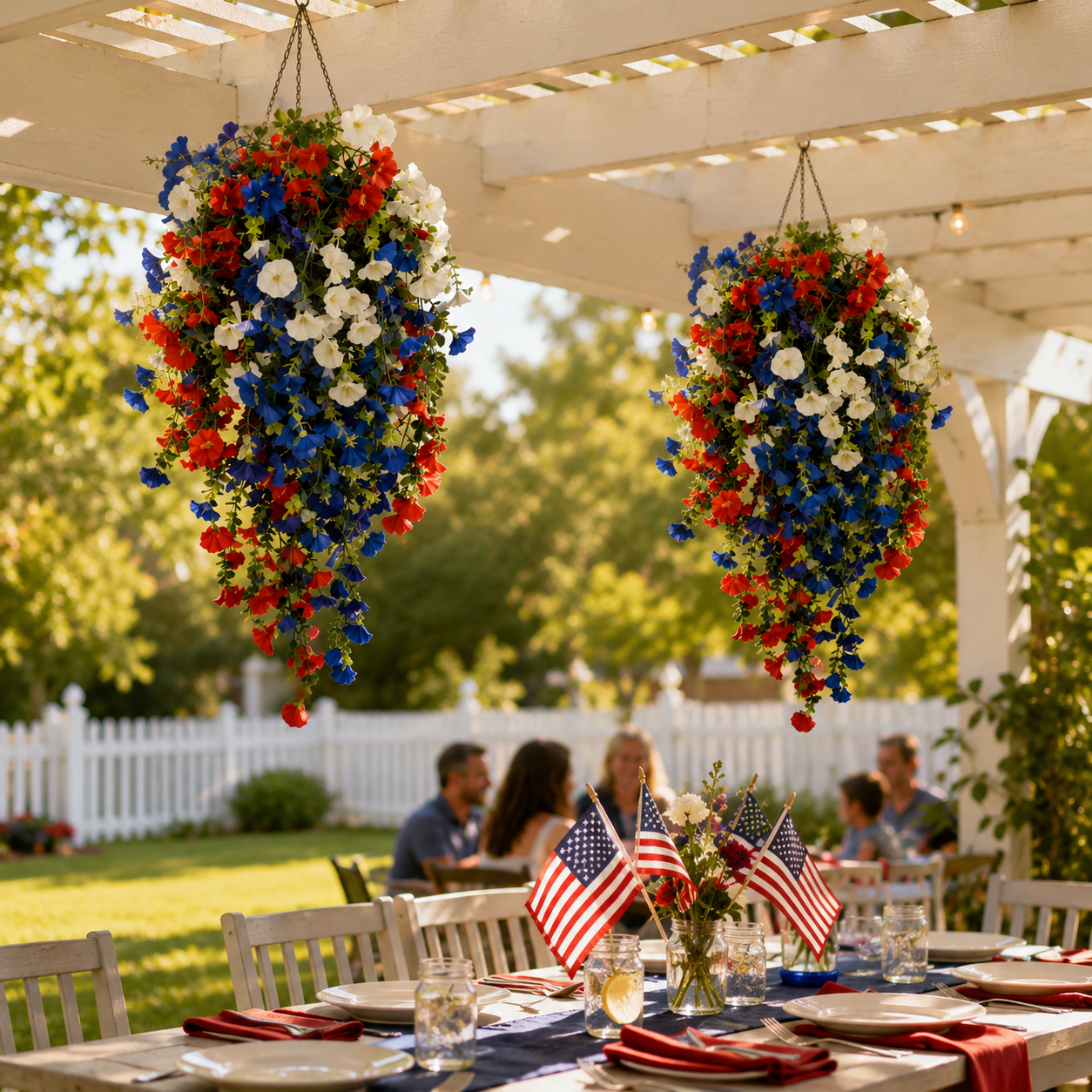 Cesto di Fiori Sospeso Patriottico con Luci LED, Fiori in Seta Rossi, Bianchi e Blu per Decorazione Portico 4 Luglio