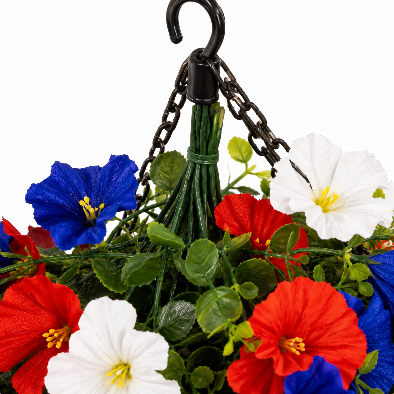 Cesto di Fiori Sospeso Patriottico con Luci LED, Fiori in Seta Rossi, Bianchi e Blu per Decorazione Portico 4 Luglio