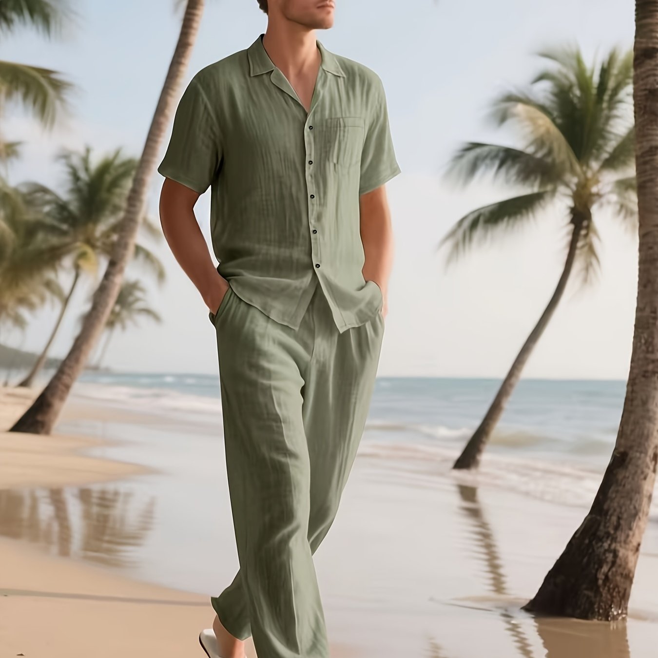 Completo Casual in Lino da Uomo – Comodo e Traspirante con Pantaloni Lunghi e Maniche Corte