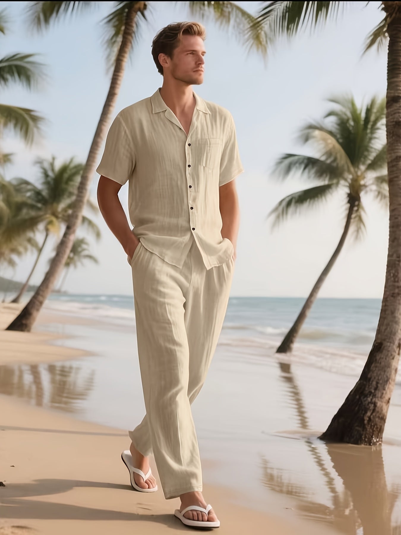 Completo Casual in Lino da Uomo – Comodo e Traspirante con Pantaloni Lunghi e Maniche Corte