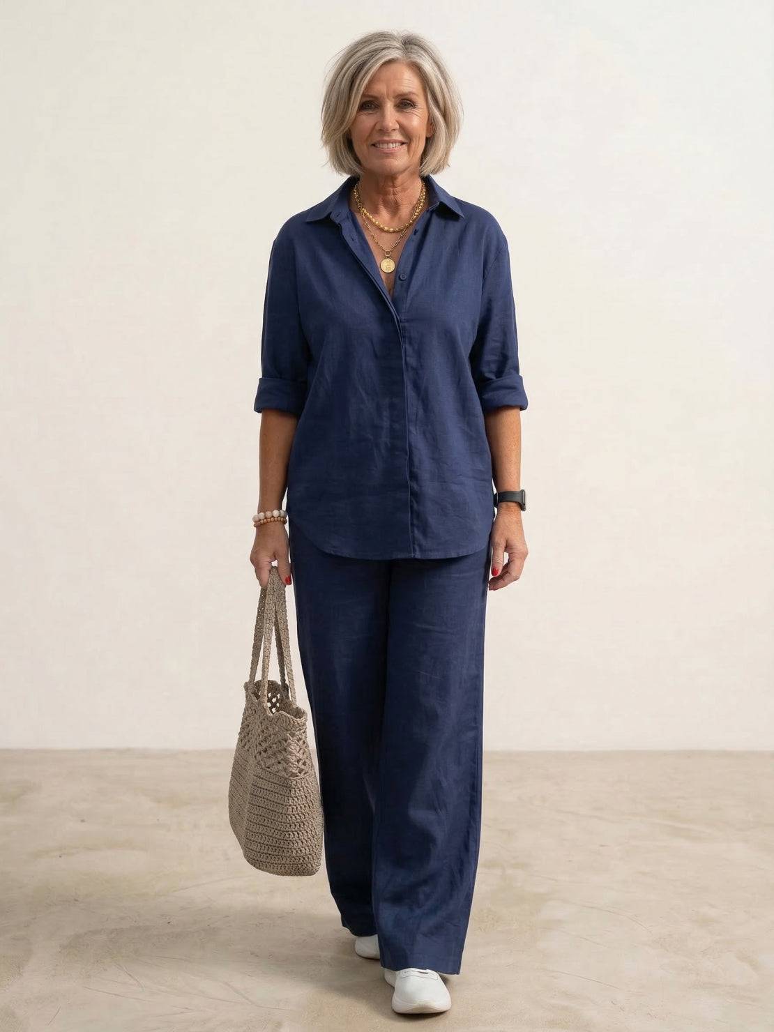 Completo coordinato da donna con camicia oversized e pantaloni a gamba larga – Set casual da due pezzi in misto cotone