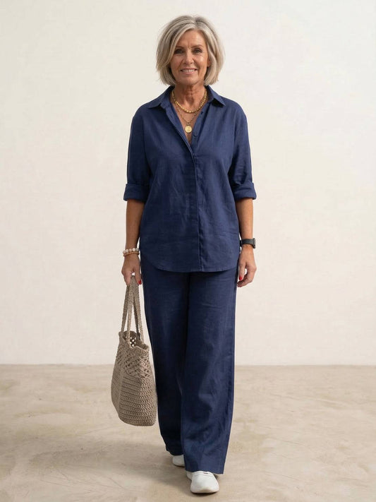 Completo coordinato da donna con camicia oversized e pantaloni a gamba larga – Set casual da due pezzi in misto cotone
