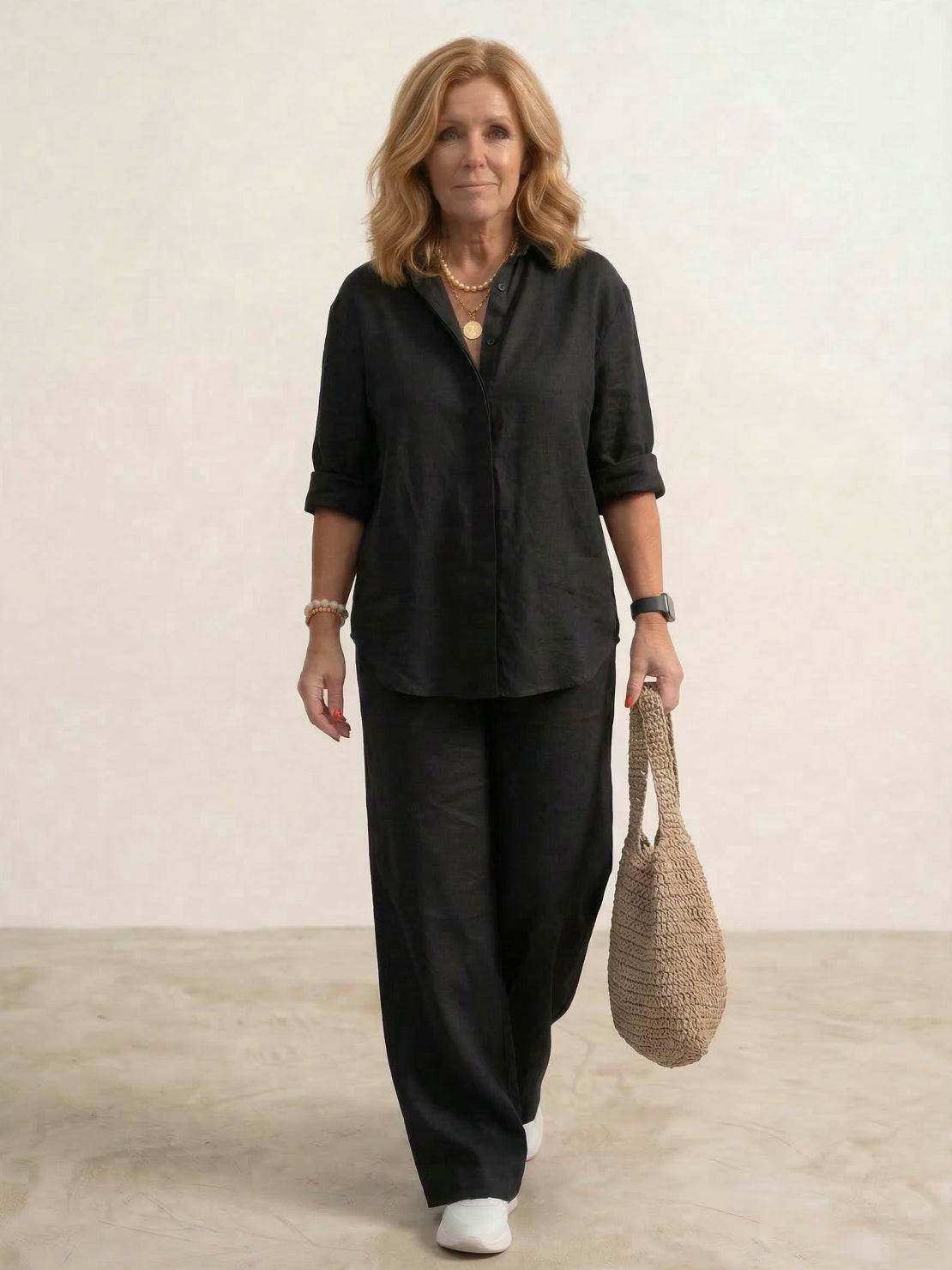 Completo coordinato da donna con camicia oversized e pantaloni a gamba larga – Set casual da due pezzi in misto cotone
