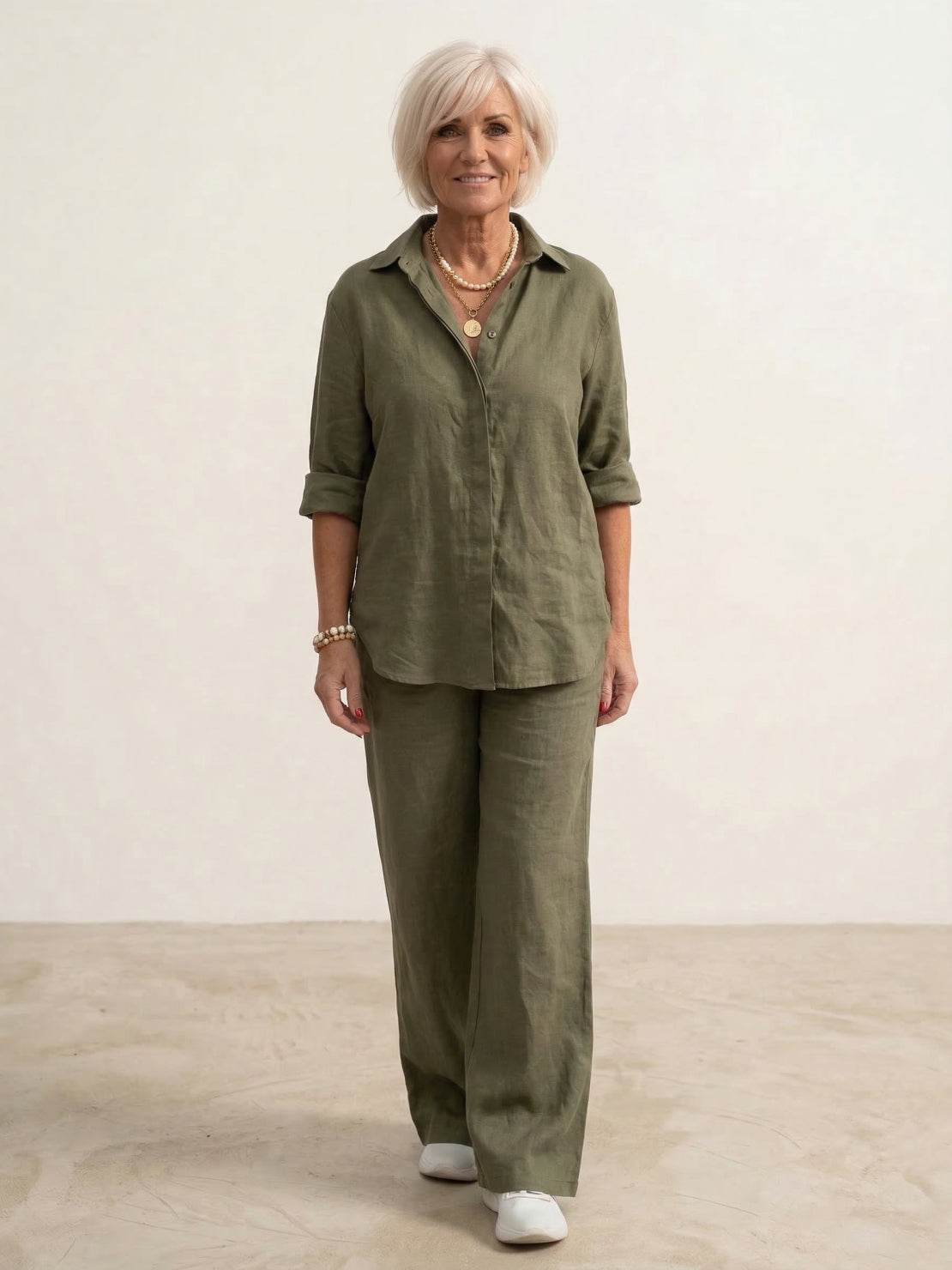 Completo coordinato da donna con camicia oversized e pantaloni a gamba larga – Set casual da due pezzi in misto cotone