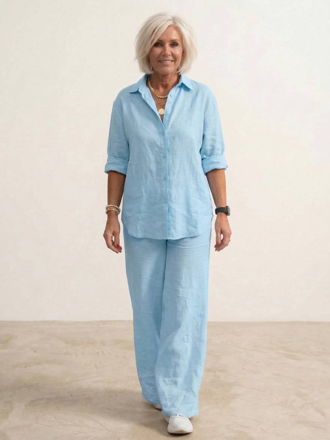 Completo coordinato da donna con camicia oversized e pantaloni a gamba larga – Set casual da due pezzi in misto cotone