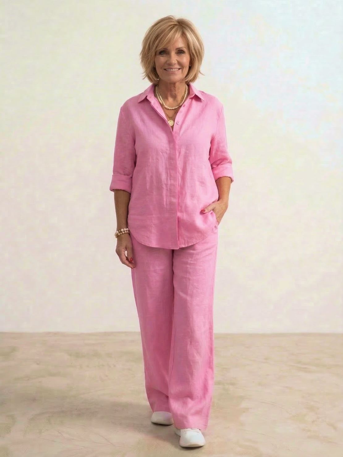 Completo coordinato da donna con camicia oversized e pantaloni a gamba larga – Set casual da due pezzi in misto cotone