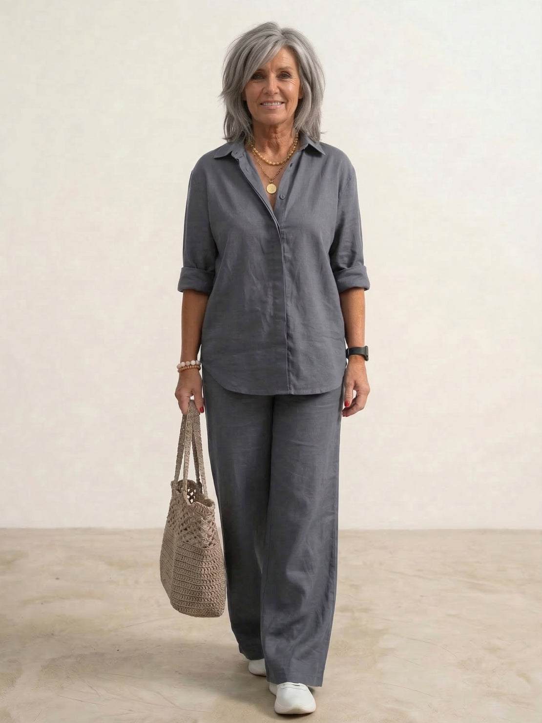 Completo coordinato da donna con camicia oversized e pantaloni a gamba larga – Set casual da due pezzi in misto cotone