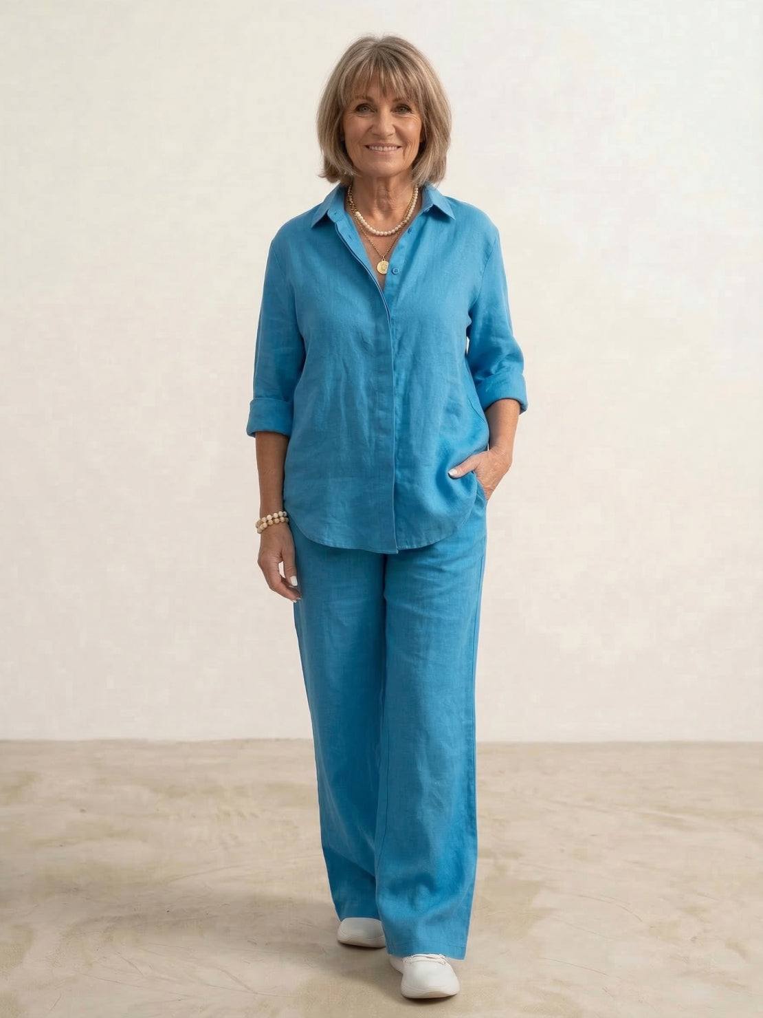 Completo coordinato da donna con camicia oversized e pantaloni a gamba larga – Set casual da due pezzi in misto cotone