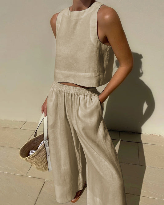 Completo da donna 2 pezzi: top corto senza maniche e pantaloni a gamba larga