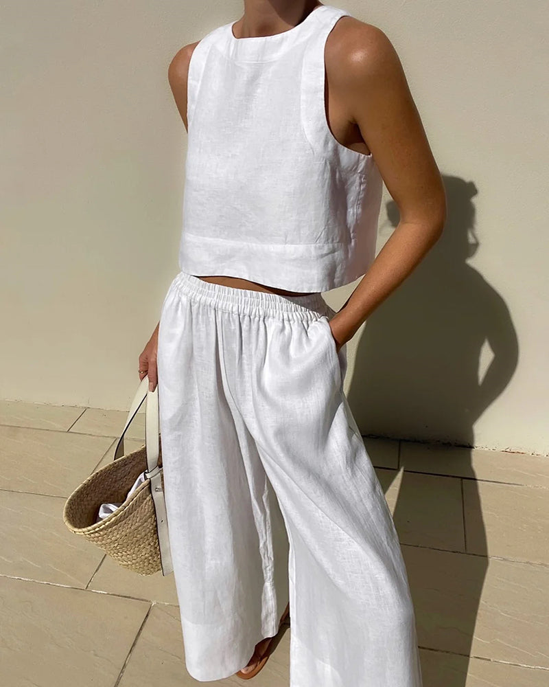 Completo da donna 2 pezzi: top corto senza maniche e pantaloni a gamba larga