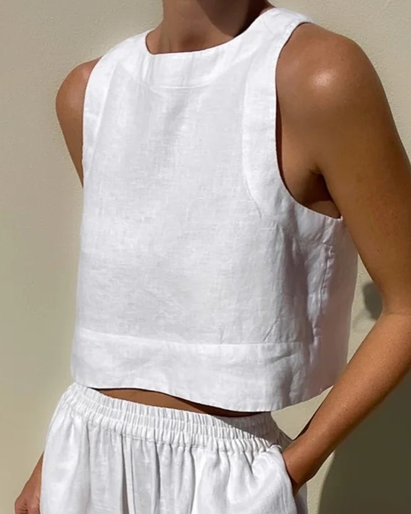 Completo da donna 2 pezzi: top corto senza maniche e pantaloni a gamba larga