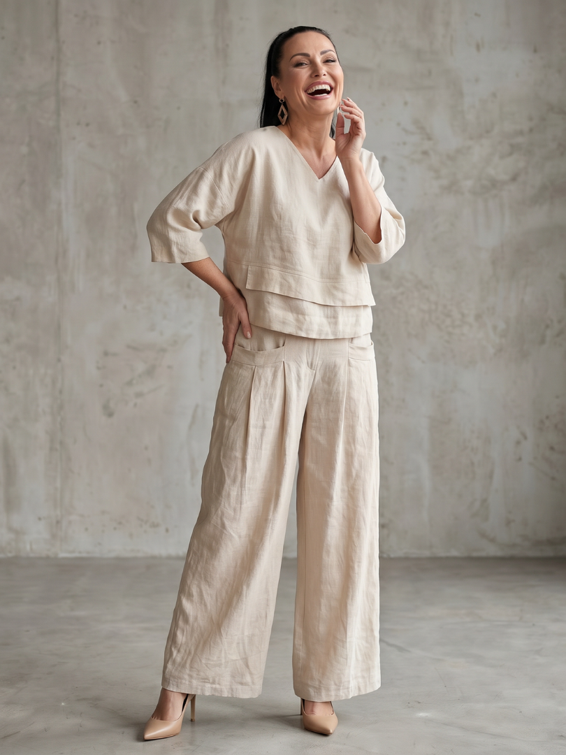 Completo da donna a strati con pantaloni a gamba larga