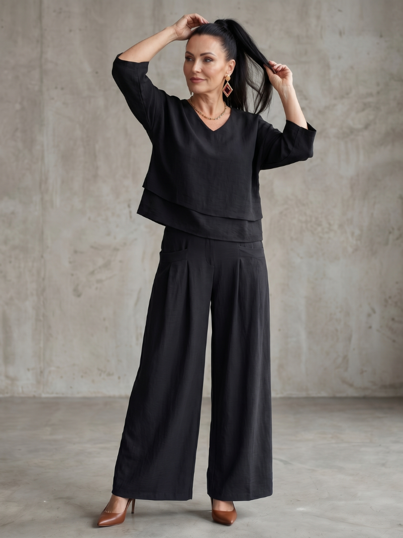 Completo da donna a strati con pantaloni a gamba larga